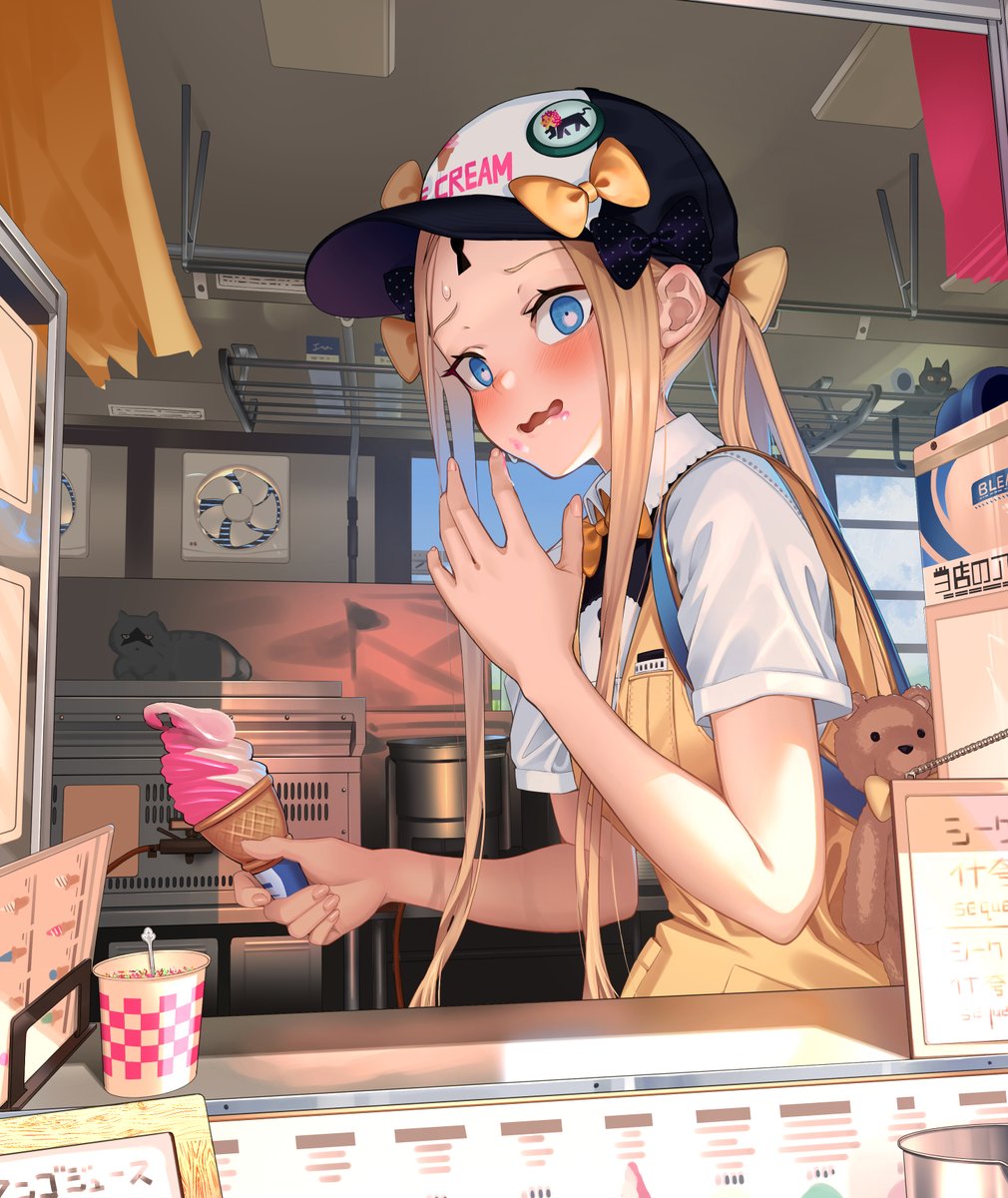 the illustration shows a cute anime girl with blonde pigtails and a baseball cap working behind the counter of an ice cream shop. she is holding a pink and white swirl ice cream cone, and she seems happy and cheerful. the setting is bright and sunny, and the overall style is very kawaii.