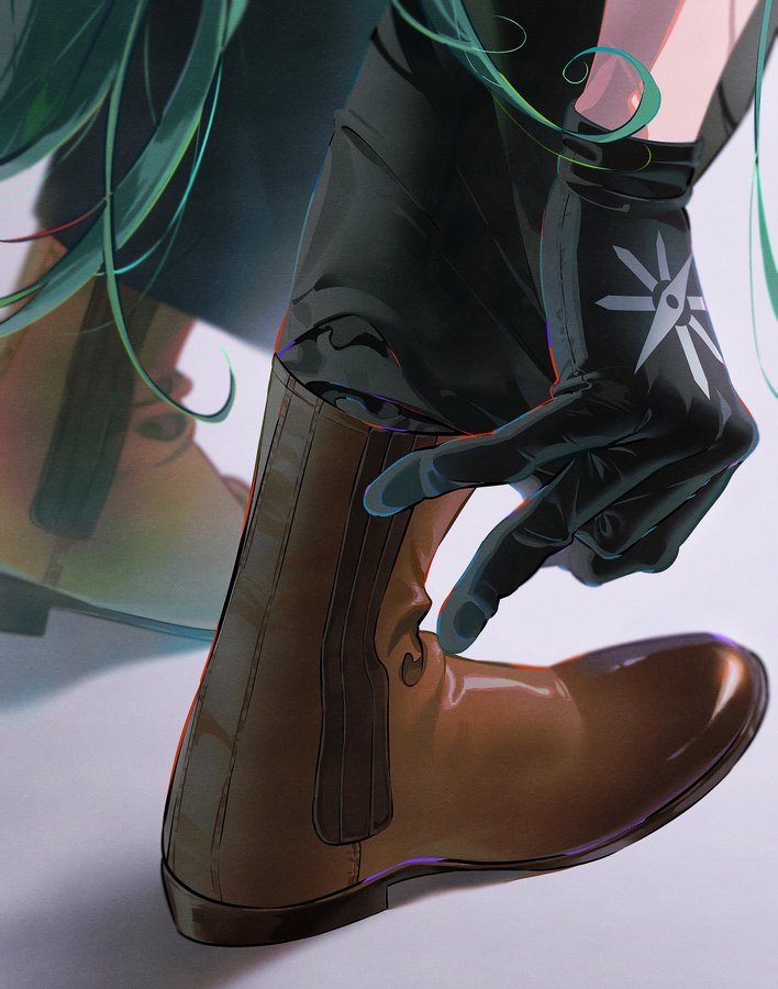 the image shows the lower half of a woman, focusing on her brown leather boots. she is wearing dark gloves, and one hand is adjusting the top of her boot. her long, teal hair cascades down her back, partially obscuring the boots. the lighting is soft, creating a gentle atmosphere.