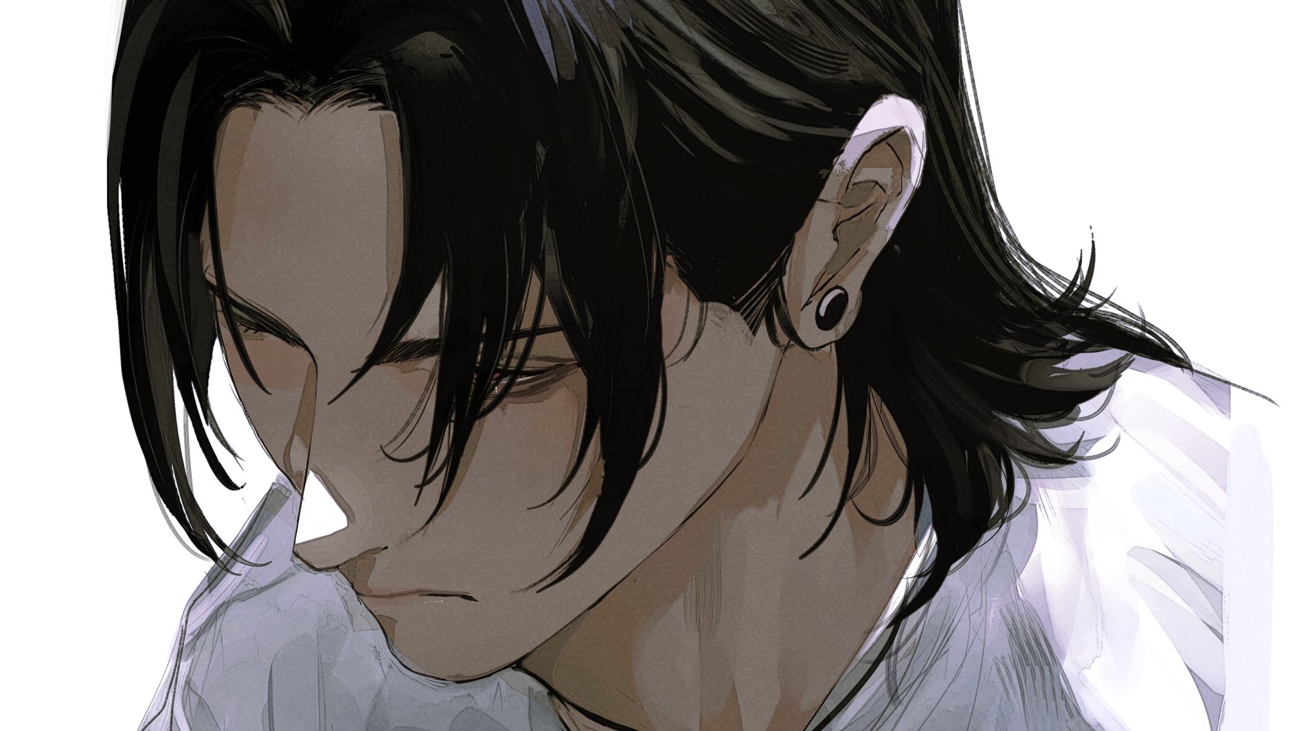this is an illustration of a young anime boy with long black hair and white shirt. he has an earring in his left ear and is looking down with a serious expression. the illustration is drawn in a manga style with a focus on detail and realism. the lighting is soft and subtle, creating a sense of intimacy and moodiness.