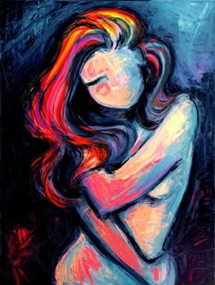 this is a colorful abstract painting of a woman's portrait. the woman has red hair, a pale face, and is looking down. her hair is flowing around her face and shoulders. she is wearing a blue top that is fading into the background. the painting is done in a loose and expressive style, with bold brush strokes and vibrant colors. there are hints of other colors in the background like yellow, green, and blue. the artwork is very artistic and creates a mood of mystery and sensuality.