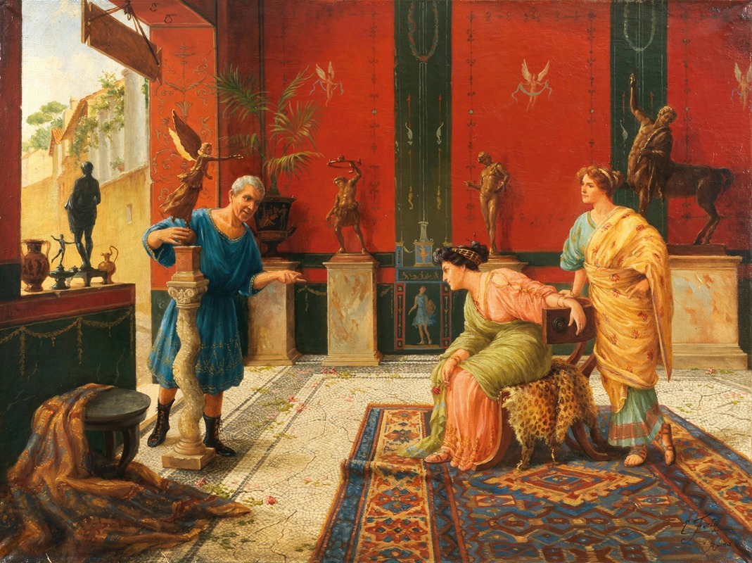 the painting depicts a scene set in ancient rome. a man in a blue tunic is standing near a pillar, gesturing towards two women. one woman is seated on a chair covered with a leopard skin, wearing a green toga and holding a red flower. the other woman is standing beside her, draped in a yellow toga. the setting is an interior with red walls adorned with decorative elements, including statues and a centaur sculpture. artifacts and a courtyard can be seen in the background. the floor is covered with a mosaic and a patterned rug.