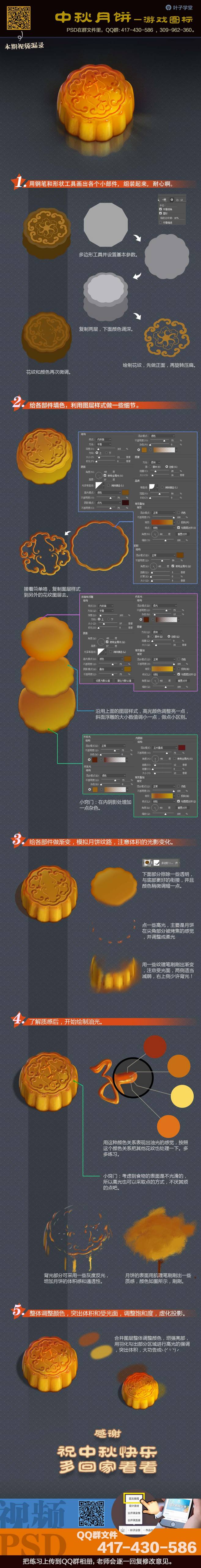 the image is a stepbystep tutorial on how to digitally paint a mooncake, a traditional chinese pastry. it breaks down the process into multiple stages, from creating basic shapes to adding highlights and texture, with accompanying text in chinese. the tutorial emphasizes achieving a realistic depiction of the mooncake's texture and color.