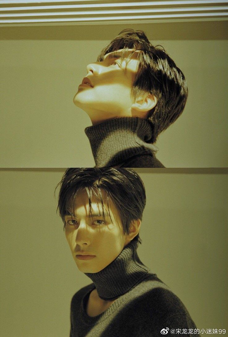 the images show a portrait of a man wearing a dark gray turtleneck sweater. he is positioned against a pale yellow wall with architectural details. the lighting is soft and natural, casting shadows on his face and highlighting his features. the man is looking away from the camera in both images, creating a sense of contemplation or introspection. the overall mood of the images is artistic and atmospheric.