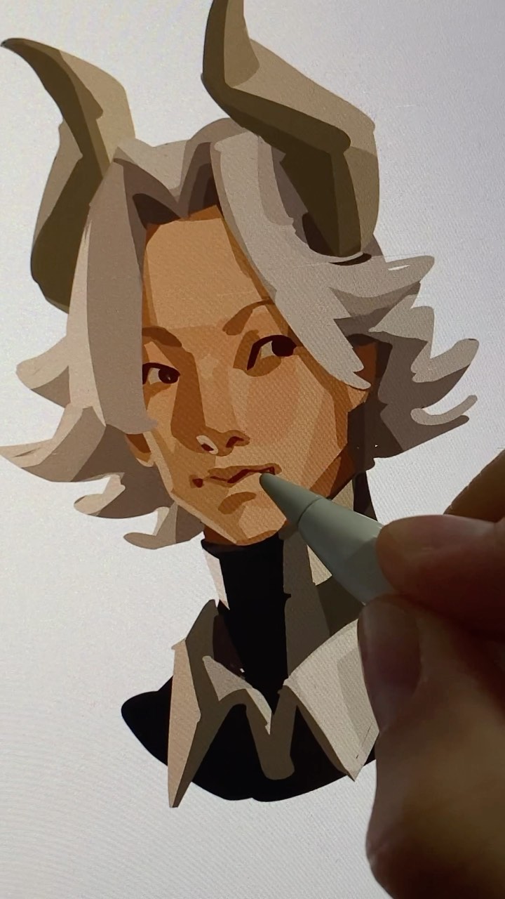 the image shows a closeup view of a digital painting in progress.  a hand holding a stylus is visible, indicating the artwork is being created on a tablet. the artwork itself depicts a stylized character portrait, possibly anime or mangainspired. the character has pale skin, gray hair, and prominent horns, suggesting a fantasy or otherworldly element. they are wearing a collared shirt, and the style is relatively realistic, but with stylized features and shading. the artist appears to be working on the character's mouth and jawline. the overall composition is focused on the character's face and upper body.
