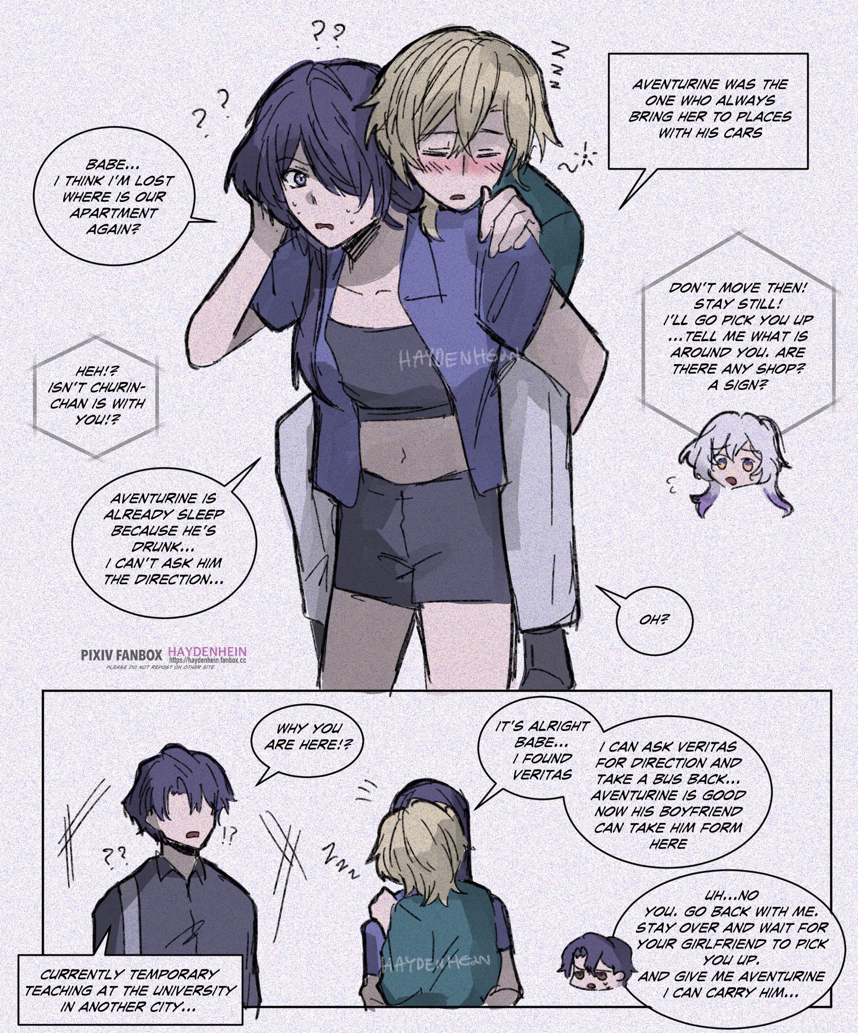 this is a digital illustration of a comic. the comic is about a couple, a girl and a boy, who are lost and trying to find their apartment. the girl is carrying the boy on her back because he is drunk. the couple is talking to each other, and to another character, who is a girl with long hair. the girl with long hair is a friend of the couple and she helps them to find their way home. the comic is full of humor, and the characters are very expressive.