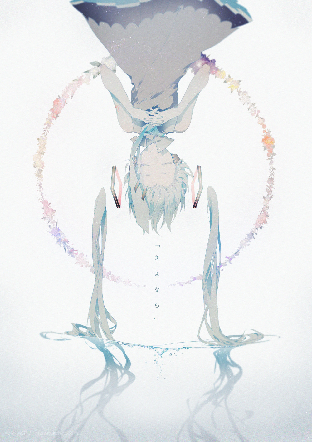 an anime girl with long, flowing blue hair is floating upside down in the air. she is surrounded by a ring of flowers and her hair is reflected in the water below. the girl is wearing a white dress and her eyes are closed. the background is a soft white.