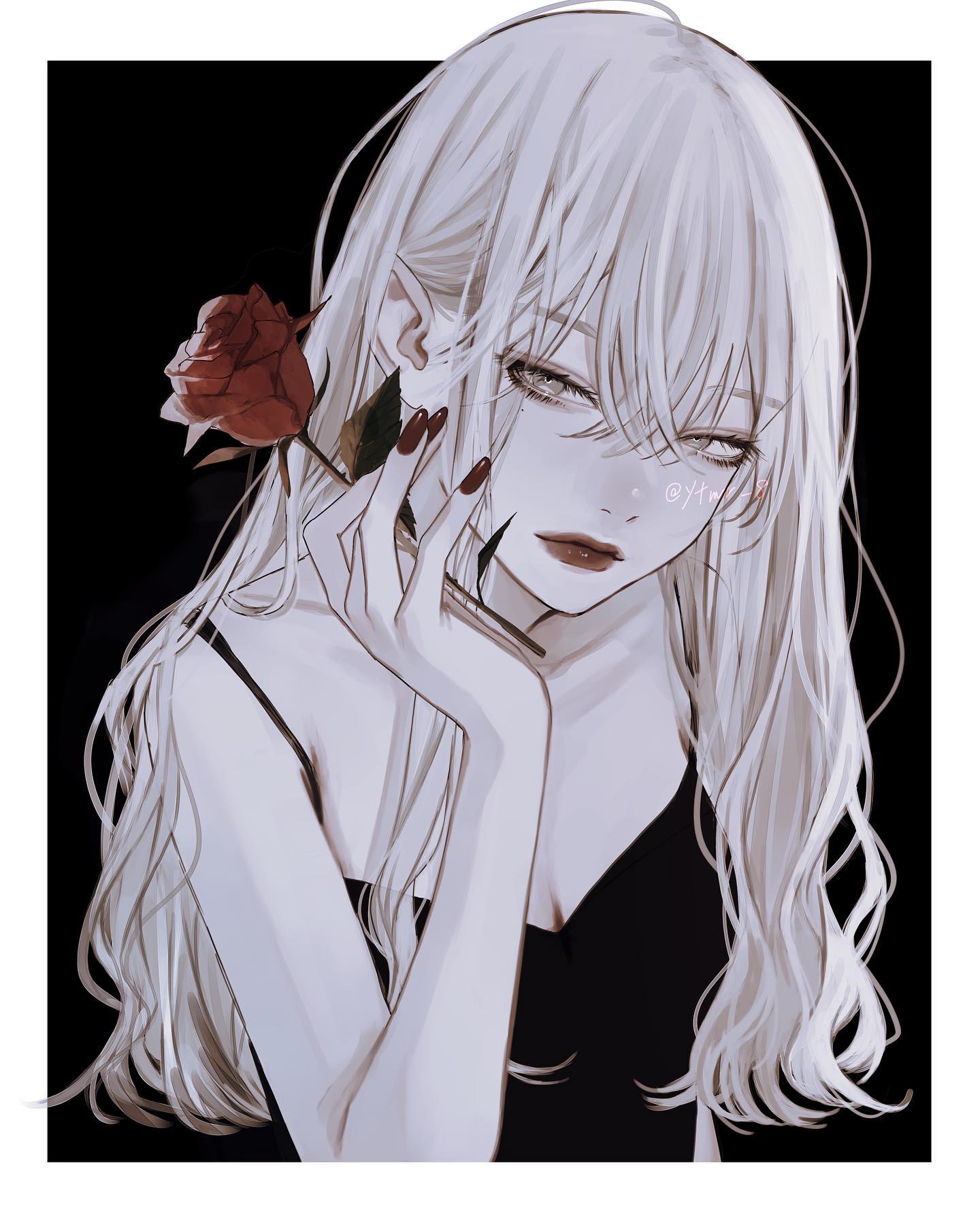 the image is a digital illustration of an animestyle girl. she has long, flowing white hair, pale skin, and is wearing a darkcolored, possibly black, dress with thin straps.  she's holding a single, dark red rose with a delicate hand gesture. her expression is somewhat mysterious and her makeup includes dark red lipstick and dark nail polish. the background is plain black, making the girl and the rose stand out prominently. the overall style is elegant, dark, and slightly mysterious, with soft shading and detailed rendering. the image evokes a sense of quiet sophistication and possibly melancholic beauty.