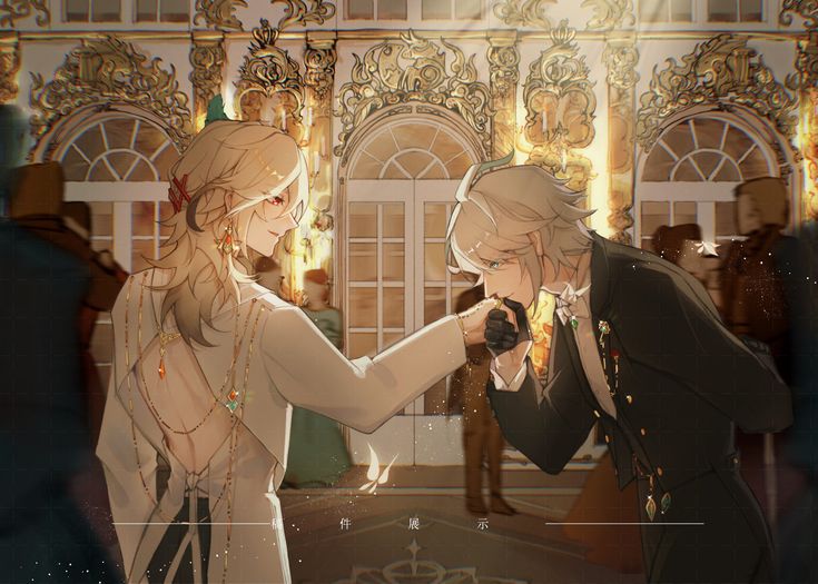 the artwork depicts two animestyle young men in an opulent, golden ballroom. one, with long blonde hair, wears an elegant white shirt with intricate gold jewelry. the other, also with blonde hair, is dressed in a formal black suit with gold accents.  the man in the suit is gracefully kissing the hand of the other, creating a romantic and affectionate scene. the setting is highly detailed, with ornate gold architecture and soft, golden lighting enhancing the overall luxurious and romantic atmosphere. the style is reminiscent of fantasy or historical fiction. the image is highly detailed and beautifully rendered.