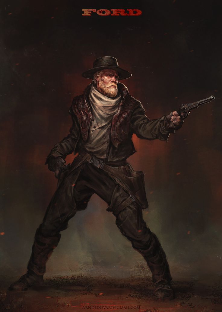 the image is a digital painting depicting a grizzled, older cowboy named "ford." he's dressed in a worn leather jacket, a white scarf, and dark pants and boots. he holds a revolver in his right hand, pointing it slightly offcenter.  the background is dark and dusty, suggesting a desolate, possibly desert environment. the overall style is dark and gritty, reminiscent of classic western films and art but with a fantasy or postapocalyptic touch. the lighting is focused on the figure, making him stand out prominently against the indistinct, shadowy background.  the style of the artwork is painterly and highly detailed, with visible brushstrokes and textures.