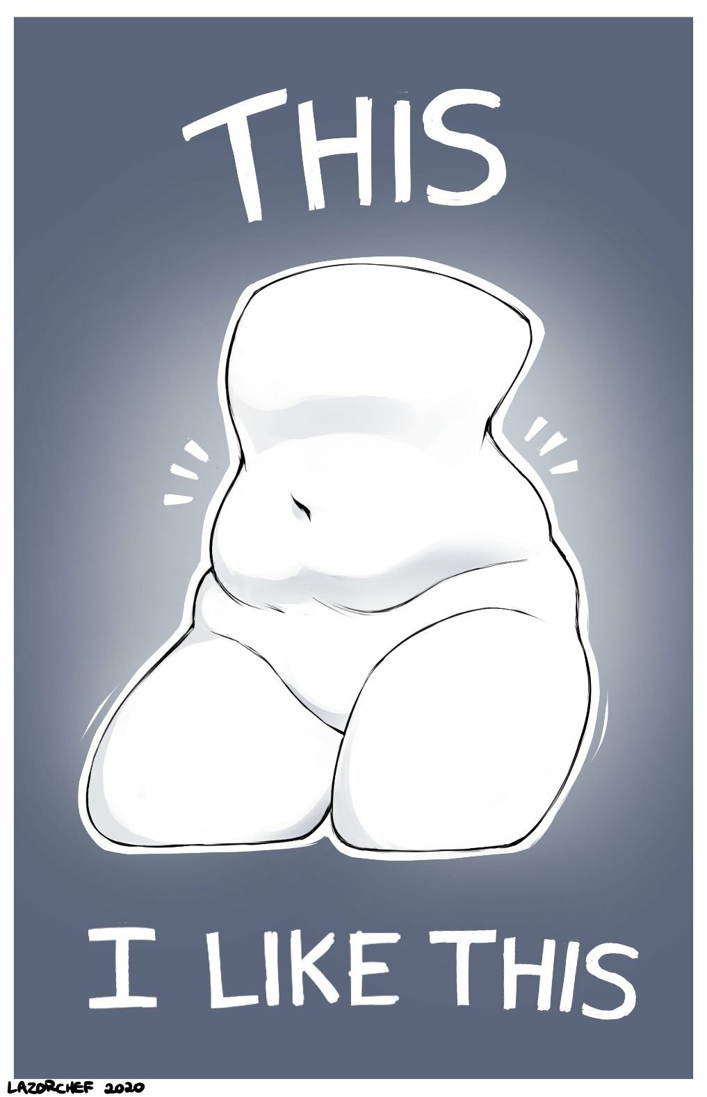 the image is a stylized illustration of a naked human figure from the waist down. the figure has a large belly and thick thighs, drawn with soft, rounded lines. the background is