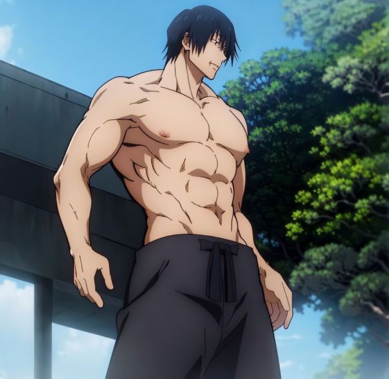 a shirtless muscular anime man with black hair and black pants stands outside in front of a blue sky and trees. he is wellbuilt and has a scar on his left cheek.