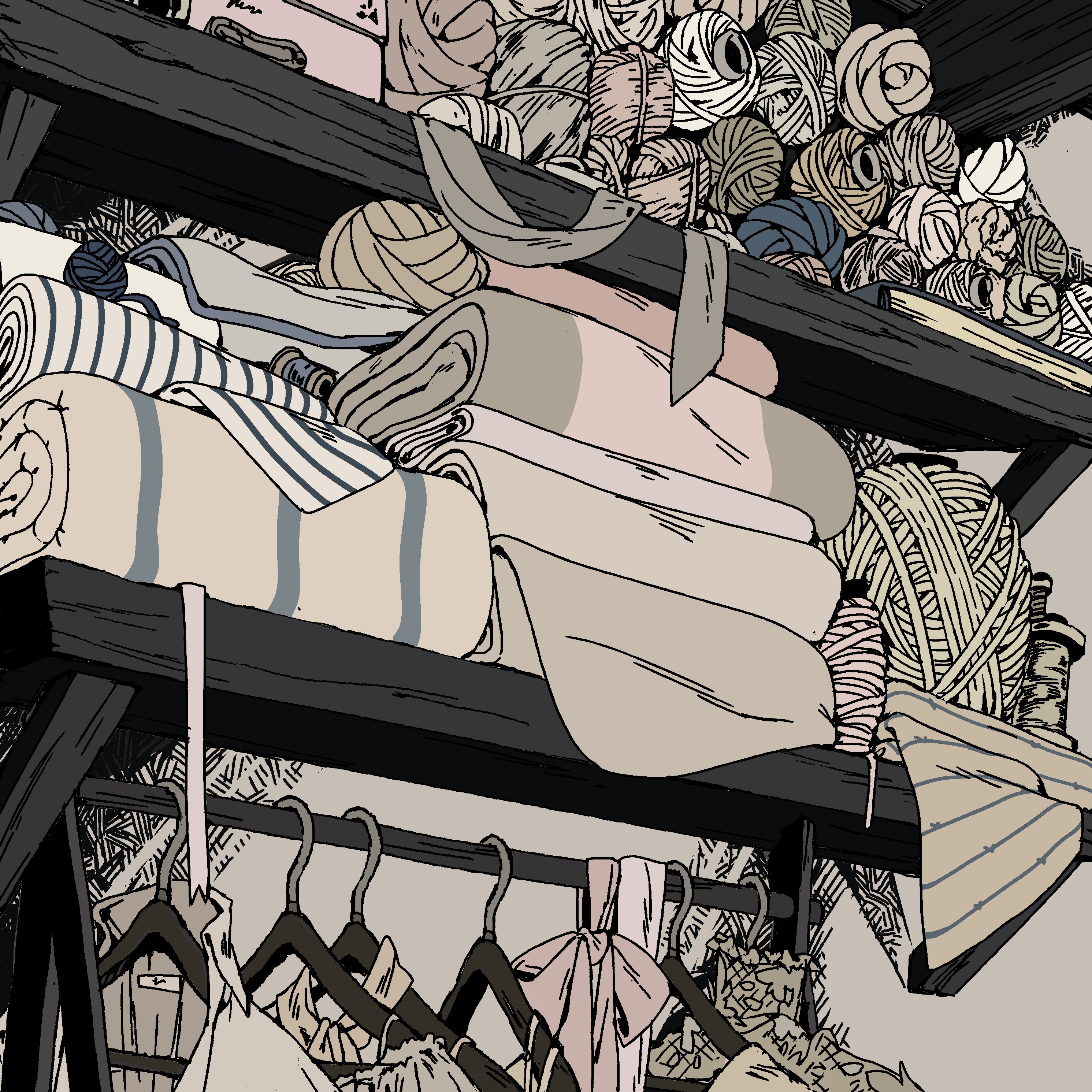 a closeup shot of a wooden shelf filled with yarn, fabric, and other craft supplies. the shelf is stacked high, and the items are arranged in a chaotic but organized way. the image is drawn in a black and white style with some muted colors, giving it a vintage or antique feel.  there are a few hooks hanging from the shelf, which are likely used to hang fabric or other materials. the overall impression is one of creativity and passion for crafting.