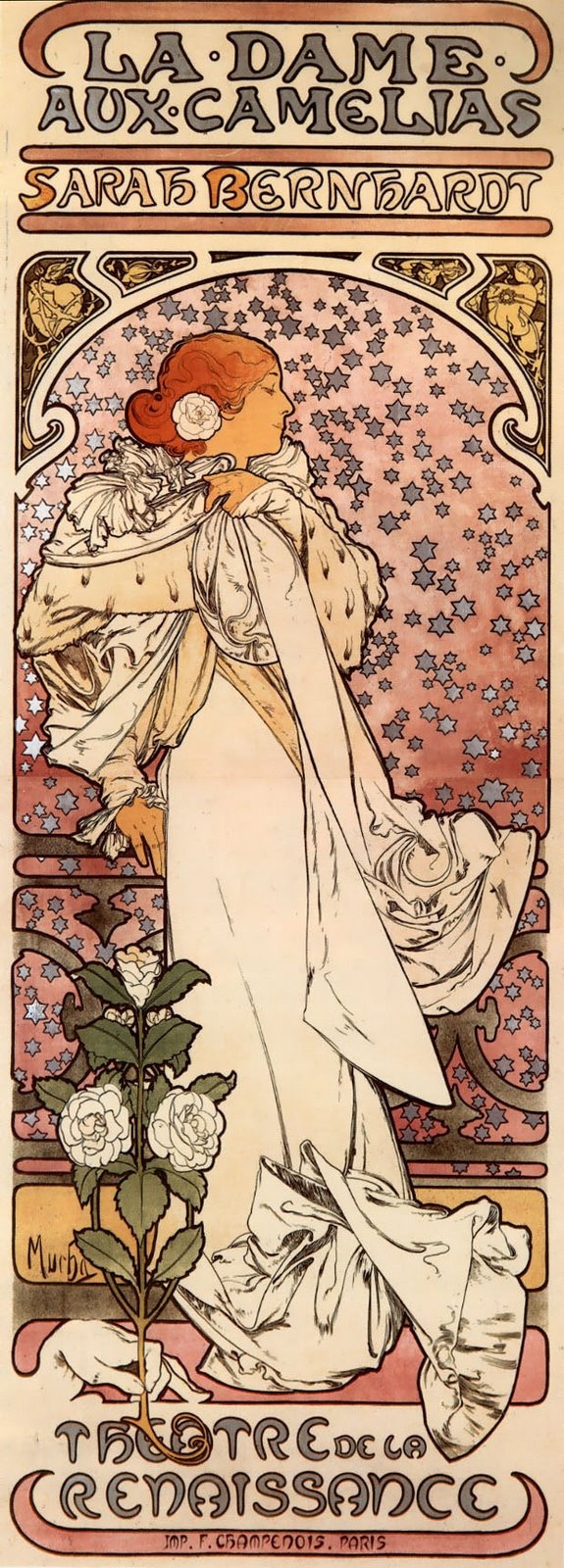 this is an art nouveau poster by alphonse mucha advertising the play "la dame aux camélias" starring sarah bernhardt at the théâtre de la renaissance. the poster features bernhardt in a profile view, adorned with flowing robes and a camellia flower in her hair. a bouquet of camellias is depicted near the bottom, and the text "la dame aux camélias" and "sarah bernhardt" are prominently displayed. the poster exhibits characteristic art nouveau elements, including flowing lines, intricate patterns, and a muted color palette.