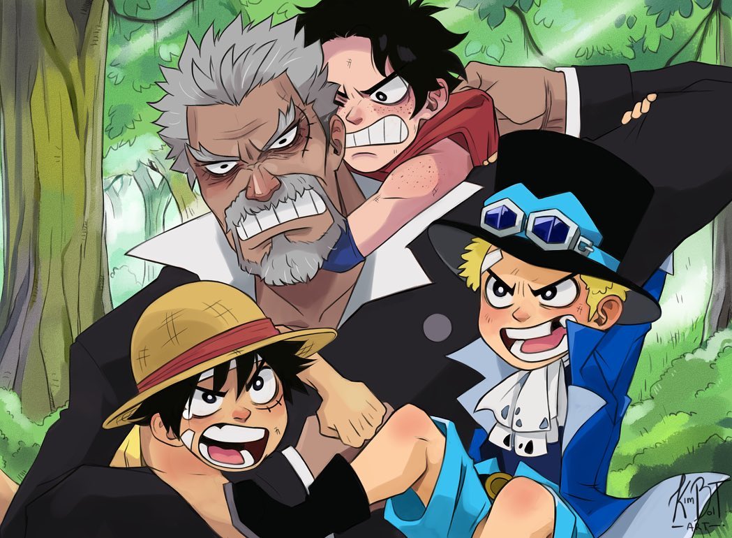 this vibrant fanart depicts a group of popular one piece characters in a playful yet powerful scene.  the central figure is a sternlooking monkey d. dragon, his face etched with determination, holding a younger luffy and sabo. law is positioned to the right, also appearing fierce. the background features a lush green forest setting. the art style is dynamic and stylized, with exaggerated expressions and features common in anime and manga. the overall impression is one of familial bonds and adventure, reflecting the spirit of the one piece series.