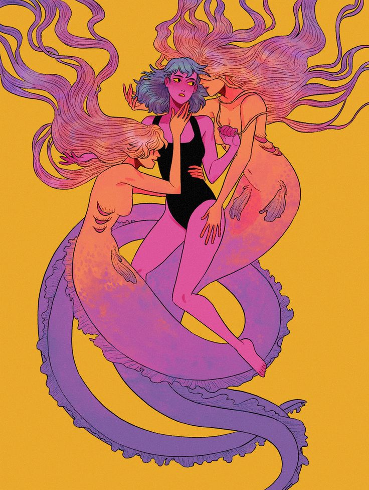 this vibrant illustration depicts three mermaids with flowing purple and pink hair and tails. the mermaids are entwined in a whimsical pose against a bright yellow background. the central mermaid with a black onepiece swimsuit is cradled by the two other mermaids, creating a sense of unity and affection. the intricate details of the mermaids' scales, fins, and flowing hair lend a whimsical and magical quality to the artwork.