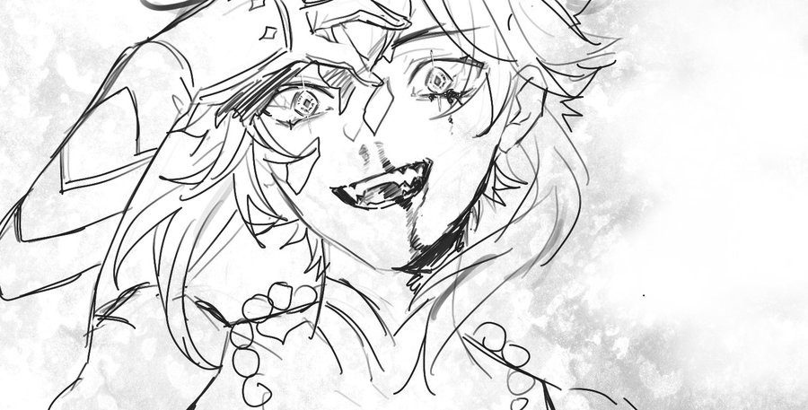 a black and white sketch of an anime character with sharp, dark eyes. they are smiling and their teeth are pointy.  they have a mischievous expression.  the image is slightly blurry and has a grainy texture.