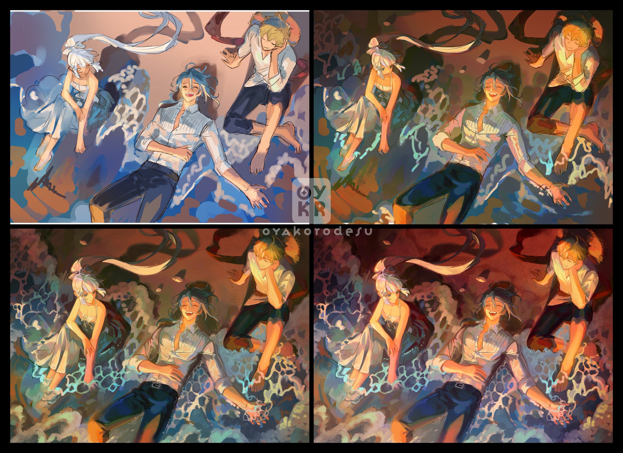 this is a digital illustration of a group of anime characters relaxing on the beach. it appears to be a summer day as the three friends are laughing and enjoying the sunshine and waves. the art style is vibrant and colorful, with detailed characters and a stylized background that evokes a sense of tranquility.