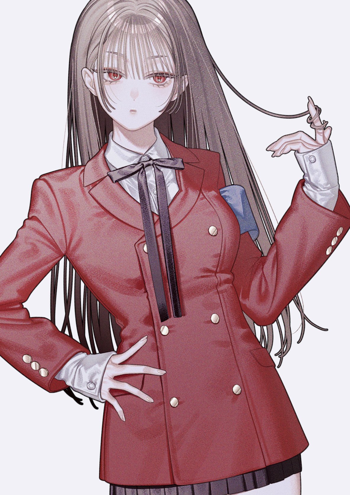 the image showcases an animestyle girl with long brown hair, styled with bangs that partially cover her red eyes. she's dressed in a chic, doublebreasted red jacket over a white shirt and bow tie, paired with a pleated skirt. her confident pose and elegant attire create a stylish and sophisticated look, typical of anime fashion illustrations. the artwork is rendered in a digital art style, maintaining a clear manga aesthetic.
