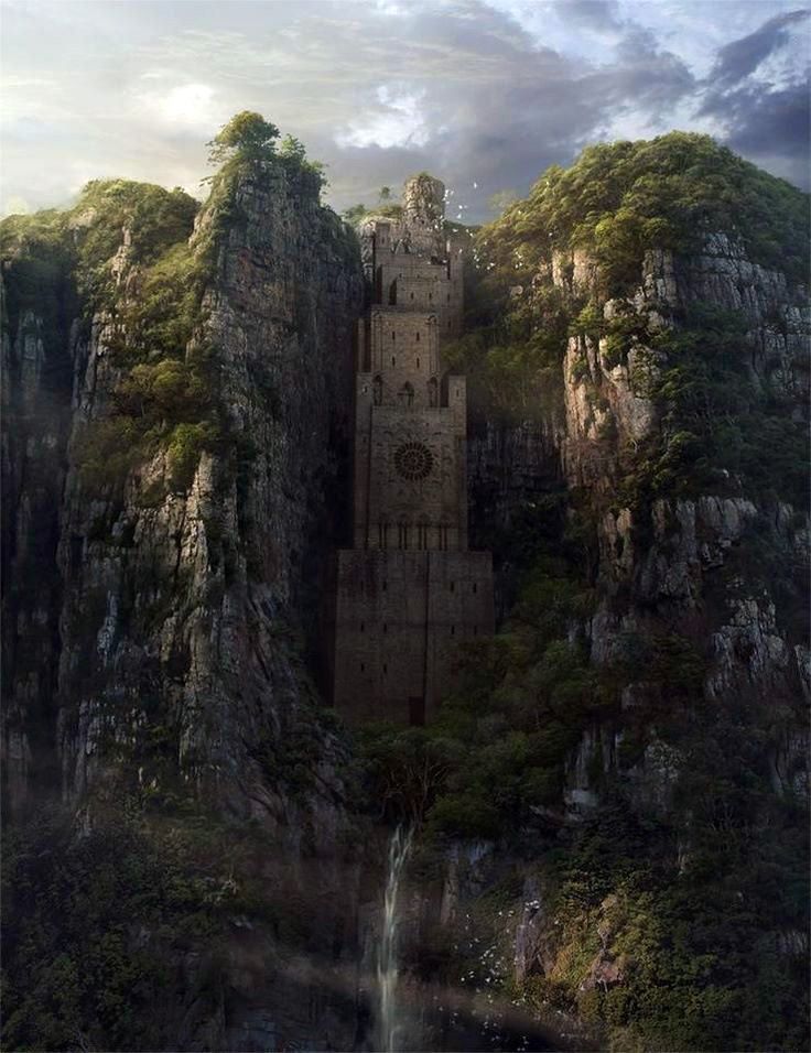 a tall stone tower nestled between two large, green mountains. a waterfall cascades down the cliff face below the tower. the sky is cloudy and overcast.