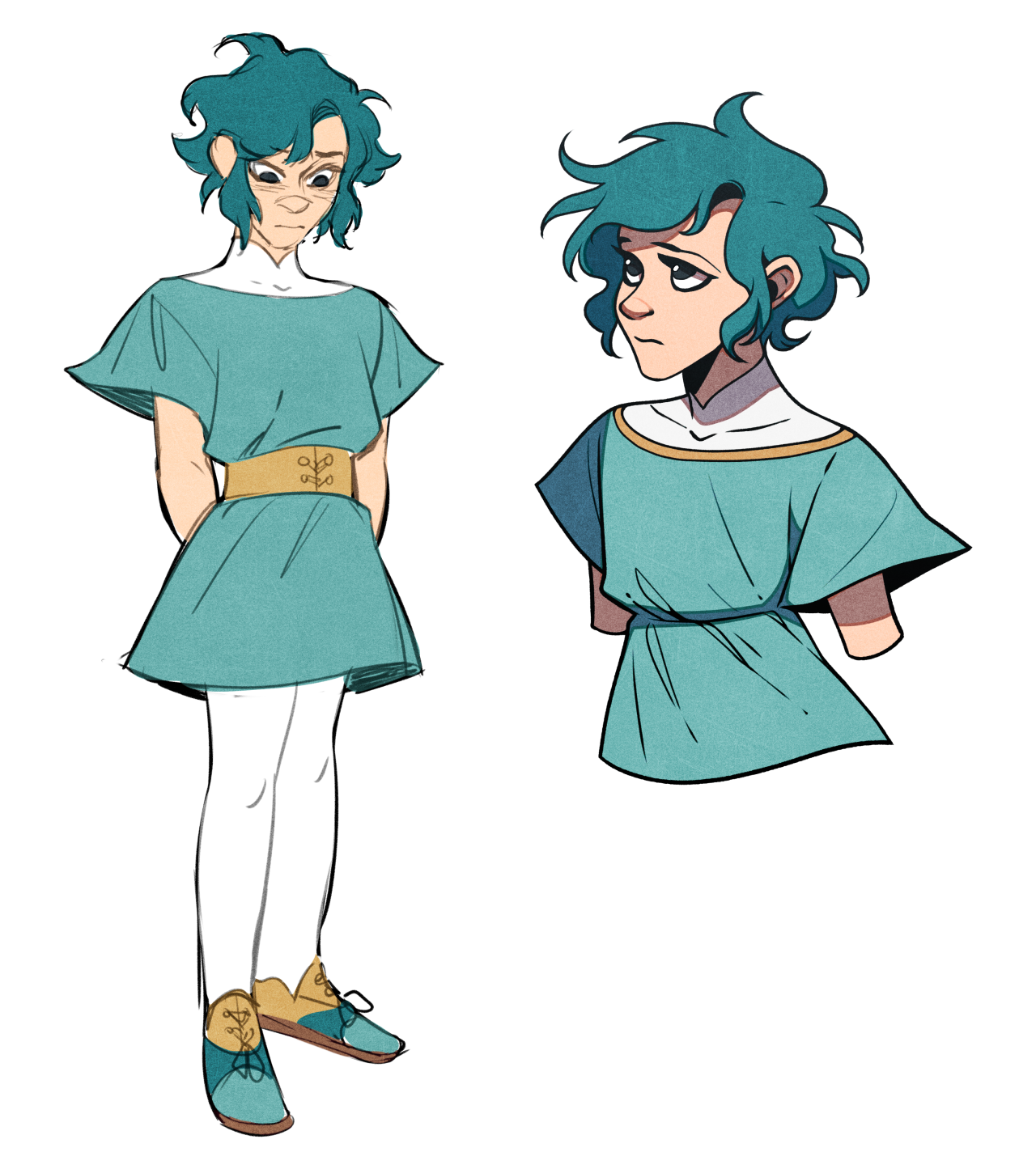 a digital illustration of a young man with curly teal hair and a kind face. he is wearing a simple teal tunic with gold accents, white leggings, and teal shoes with gold buckles. the image includes a fullbody view and a separate bust showcasing a slightly different angle. the style is cartoonlike with clean linework and flat, bright coloring.