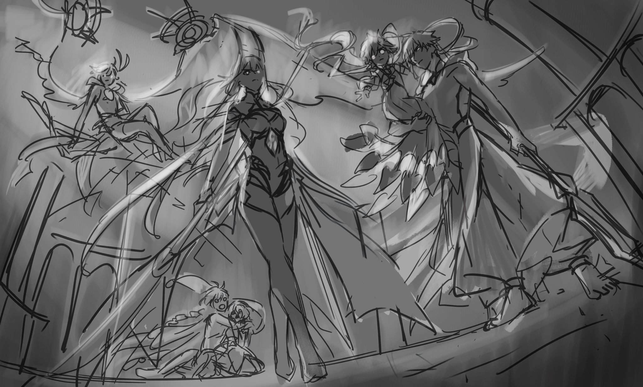 a digital sketch in grayscale of five female characters.  the central character appears to be a sorceress with a long dress and cape, she is standing, and behind her is a young girl with wings who is flying away from the sorceress.   to the sorceress' left is a small girl wearing a cape with her arms crossed over her chest.   to the right of the sorceress is a girl in a dress with her arms outstretched who is flying, and the last character is behind her, she is wearing a long coat and is holding a sword, she is flying too.  the background is very textured, showing the characters are standing on an elaborate structure of stone.