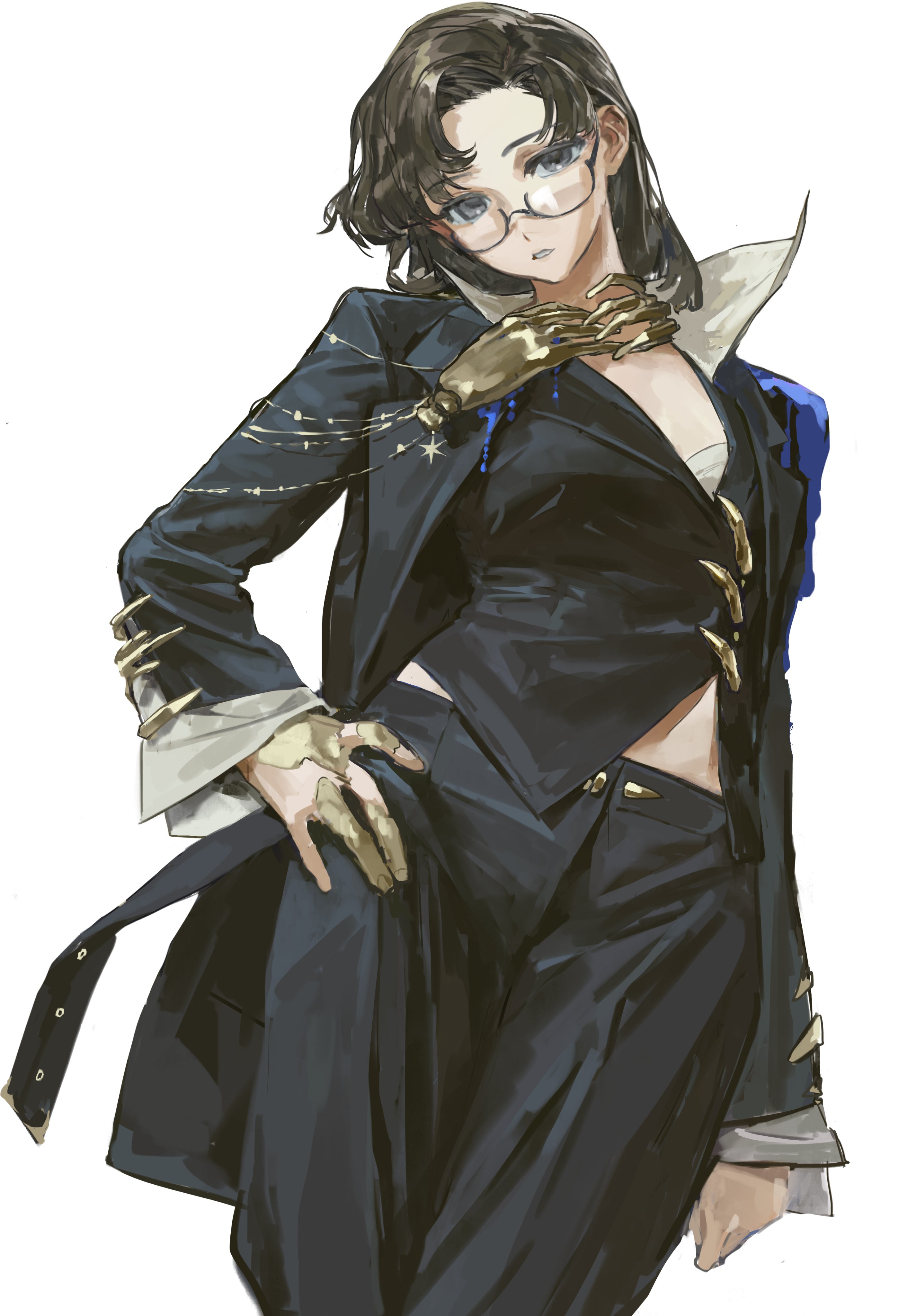 the image showcases a digital painting of a stylish anime girl. she's depicted in a sophisticated dark suit with gold accents and intricate details. her pose exudes confidence and power, and her dark hair is styled in a sharp bob haircut.  she wears glasses and has an air of mystery about her.  the background is pure white, highlighting the character's detailed design and rich color palette. the overall style leans toward the elegant and fashionable with a slightly edgy twist due to the gold accents and angular design elements.
