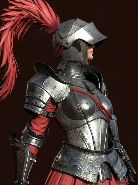 the image showcases a female knight, clad in meticulously crafted plate armor. her helmet, adorned with a vibrant crimson plume, is partially obscuring her face, revealing only a determined expression. she stands poised, her hand resting on the hilt of her sword, against a dark, muted background that accentuates the shine of her armor and the vibrant red of her plume.