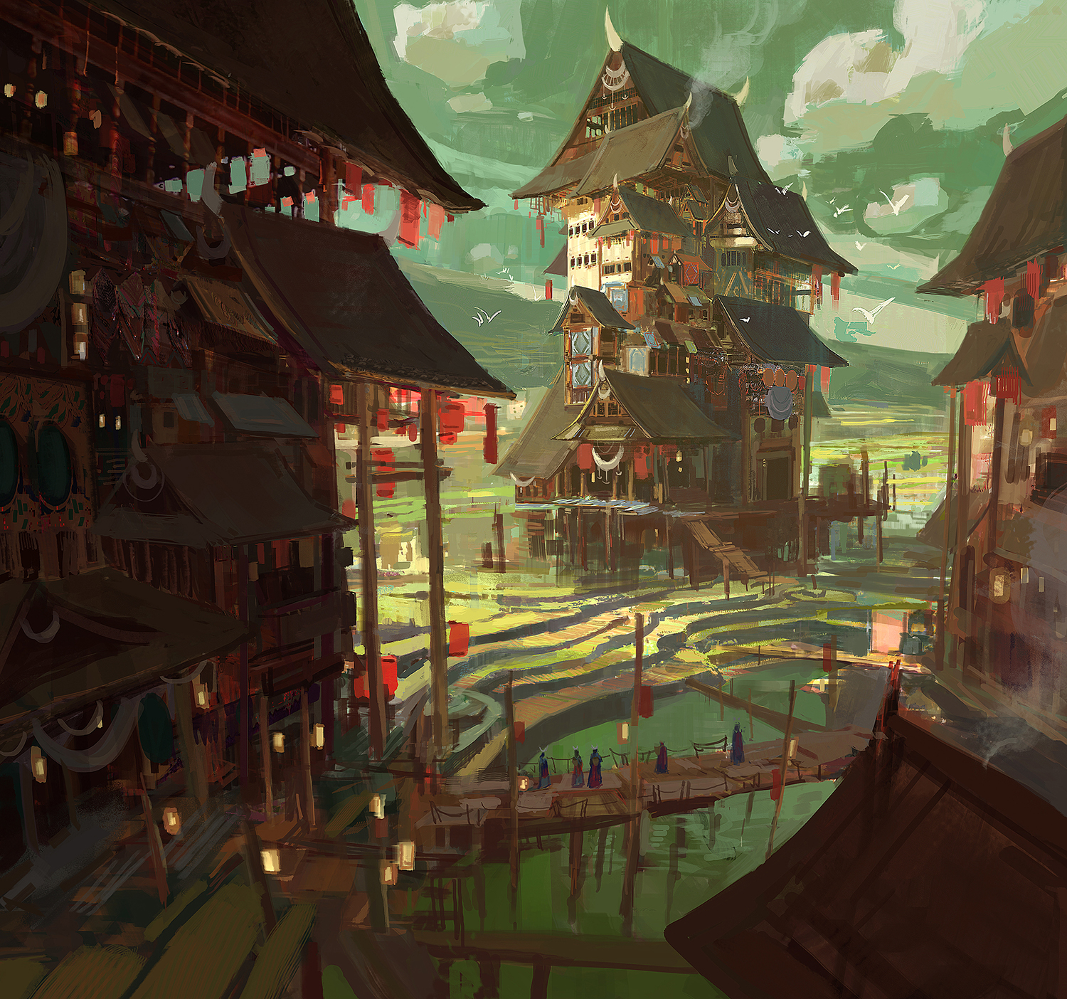 he image showcases a vibrant and bustling village built over a waterway, possibly a river, with rice paddies in the background. the architecture has a distinct asian influence with multitiered buildings made of wood and decorated with colorful flags and banners. several wooden bridges connect different parts of the village, and people can be seen walking across them. the water reflects the warm, diffused sunlight, and the overall scene is one of peace and prosperity.  the style evokes a watercolor painting with a touch of fantasy.