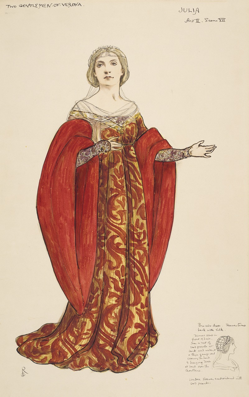 the image is a handdrawn costume design for the character julia from shakespeare's "two gentlemen of verona," specifically for act ii, scene vii. it features a woman wearing a floorlength gown with a red and gold patterned fabric and wide, flowing red sleeves. she is wearing a headpiece. the drawing includes additional notes and a smaller sketch with details about the costume's construction and design.