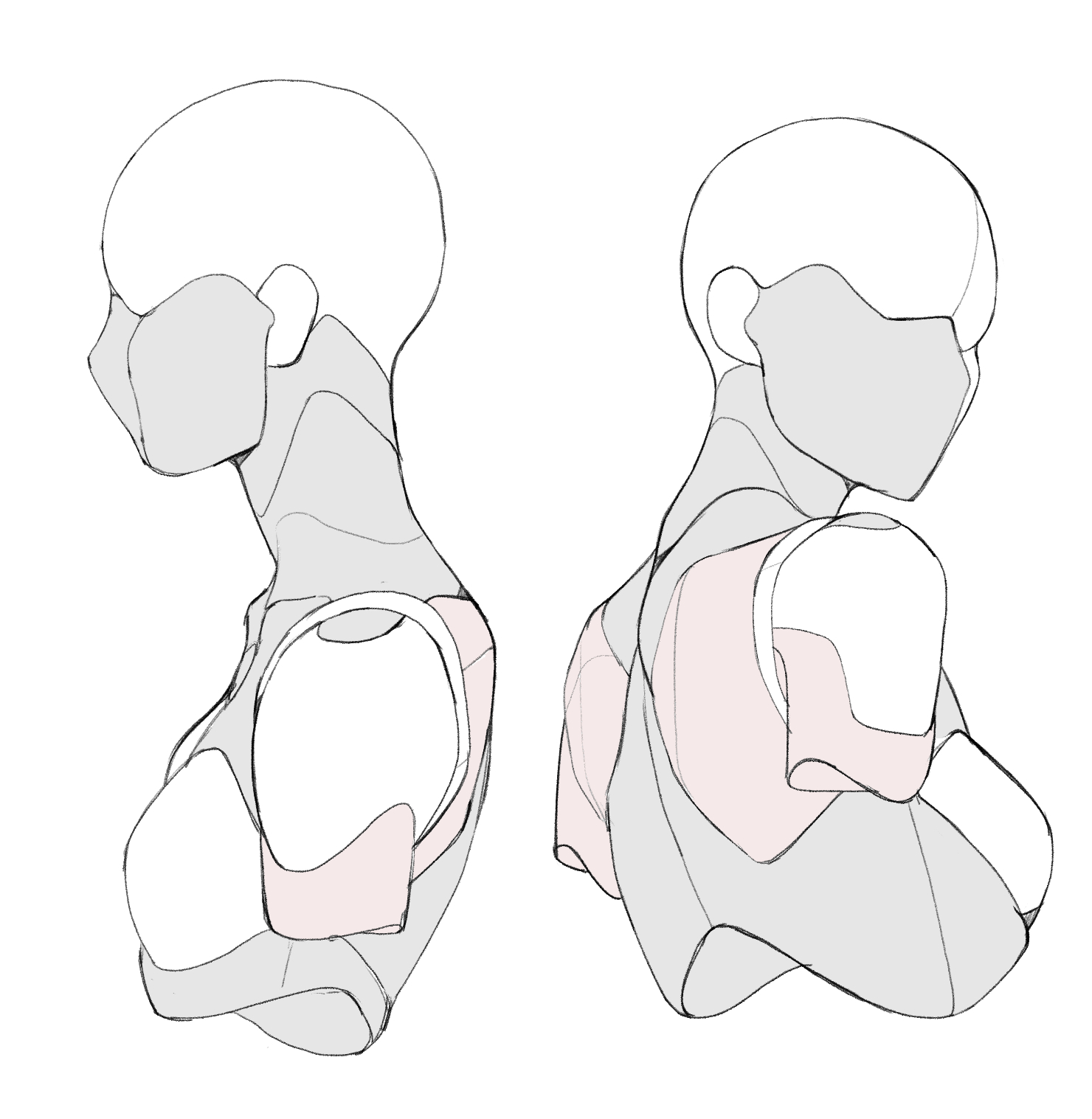 he image contains a line drawing of a female figure, possibly a robot or cyborg, from two different angles. the figure is depicted from the back and side, showcasing the shoulders, neck, and head. the figure wears a masklike covering over the lower face and has a stylized, almost robotic, appearance. the style is clean and simple, using light grey and pink shading to suggest form and volume.  the lines are smooth and flowing. the overall impression is one of futuristic fashion or character design.