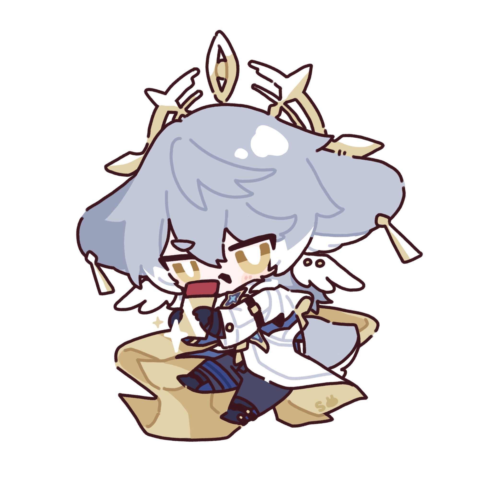 the image is a chibistyle fanart of shikanoin heizou from the game genshin impact. he's depicted in a cute, stylized manner with exaggerated features.  he has gray hair, is wearing his detective outfit, and appears to be eating katsudon. he is surrounded by swirling, golden lines that appear to be stylized wind or energy. the overall style is lighthearted and playful.
