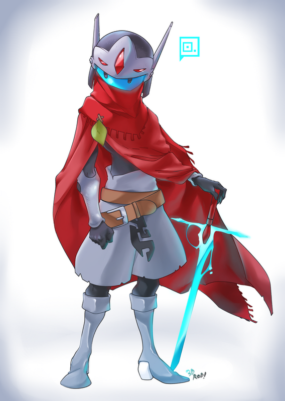 the image features an anime character, illustrated in a fantasy style. the character is a warrior, wearing a red cloak and a helmet. they are holding a blue sword and are standing in a pose, ready for battle. the character is depicted in a dynamic and stylized way, typical of anime art.