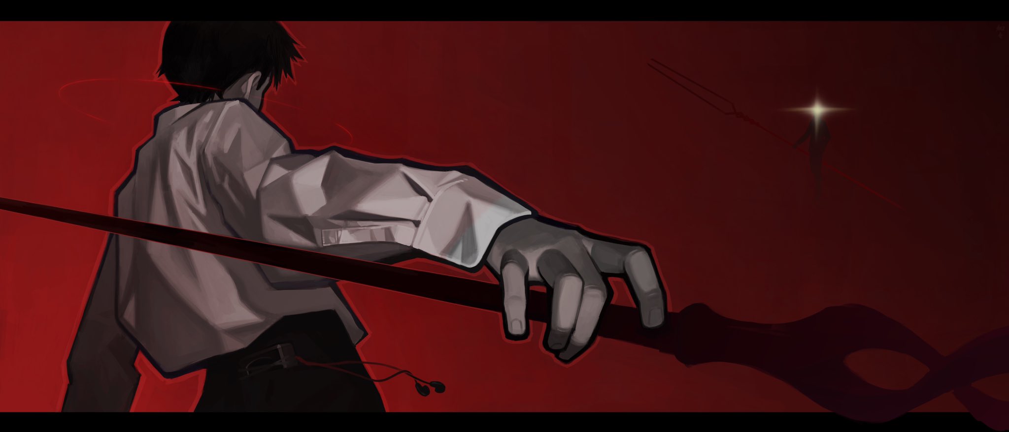 the artwork presents a stylized digital painting of a male anime character, seen from behind. he is wearing a loose, lightcolored shirt and dark pants.  he holds a long, dark staff or spearlike weapon, which extends across most of the frame.  the background is a deep red, and a distant, smaller figure is faintly visible, seemingly illuminated by a bright light.  the overall mood is dark, dramatic, and mysterious, with strong use of shadow and light.  the character's hand gripping the weapon is emphasized in the foreground. a pair of earphones are visible around his neck.  the art style is reminiscent of both anime and modern digital painting techniques.
