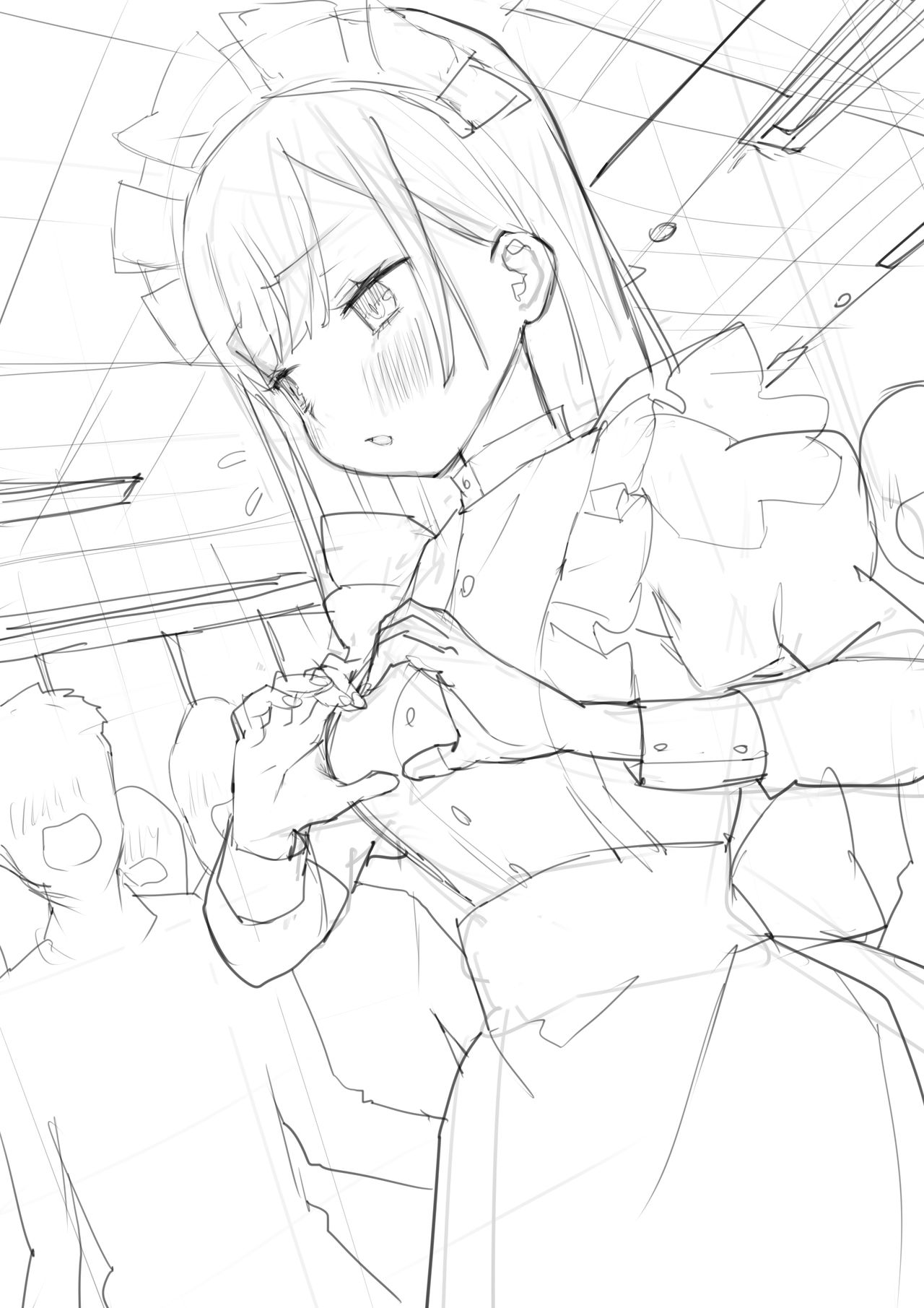 a pencil sketch of an animestyle young girl dressed as a maid. she appears to be worried or concerned, holding something small in her hands. the background suggests she is in a crowded place.  the drawing style is loose and sketchy, focusing on capturing the character's expression and pose.