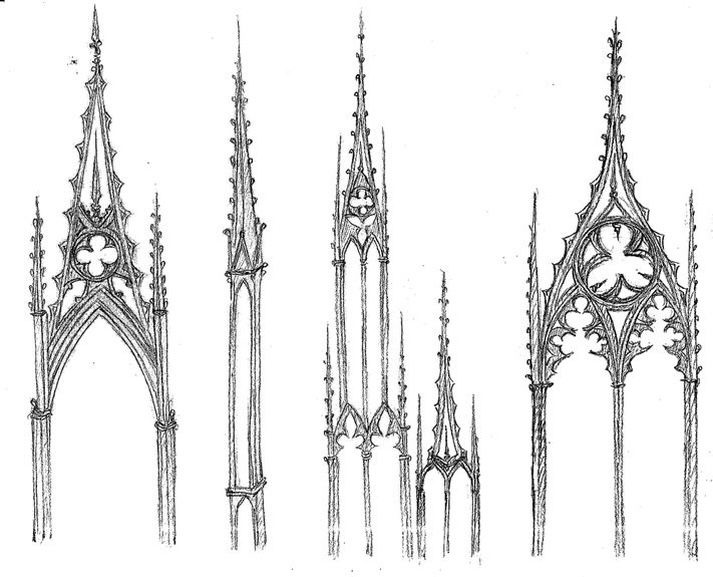 the image shows five detailed sketches of gothic spires, each displaying unique architectural elements and ornamentation.