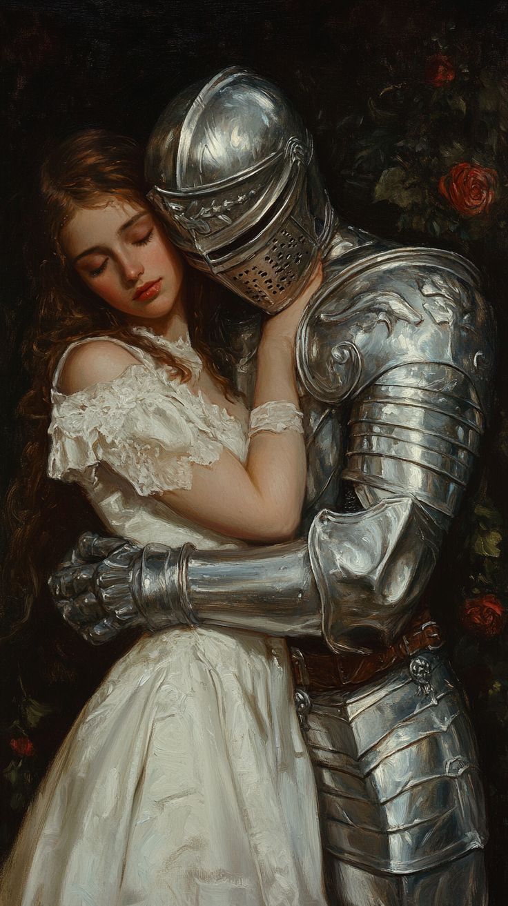 a painting depicts a knight in full silver armor embracing a fair maiden wearing a white lace gown. the knight's helmet is lowered towards her, suggesting a protective or affectionate gesture. roses are visible in the background, contributing to the romantic atmosphere.