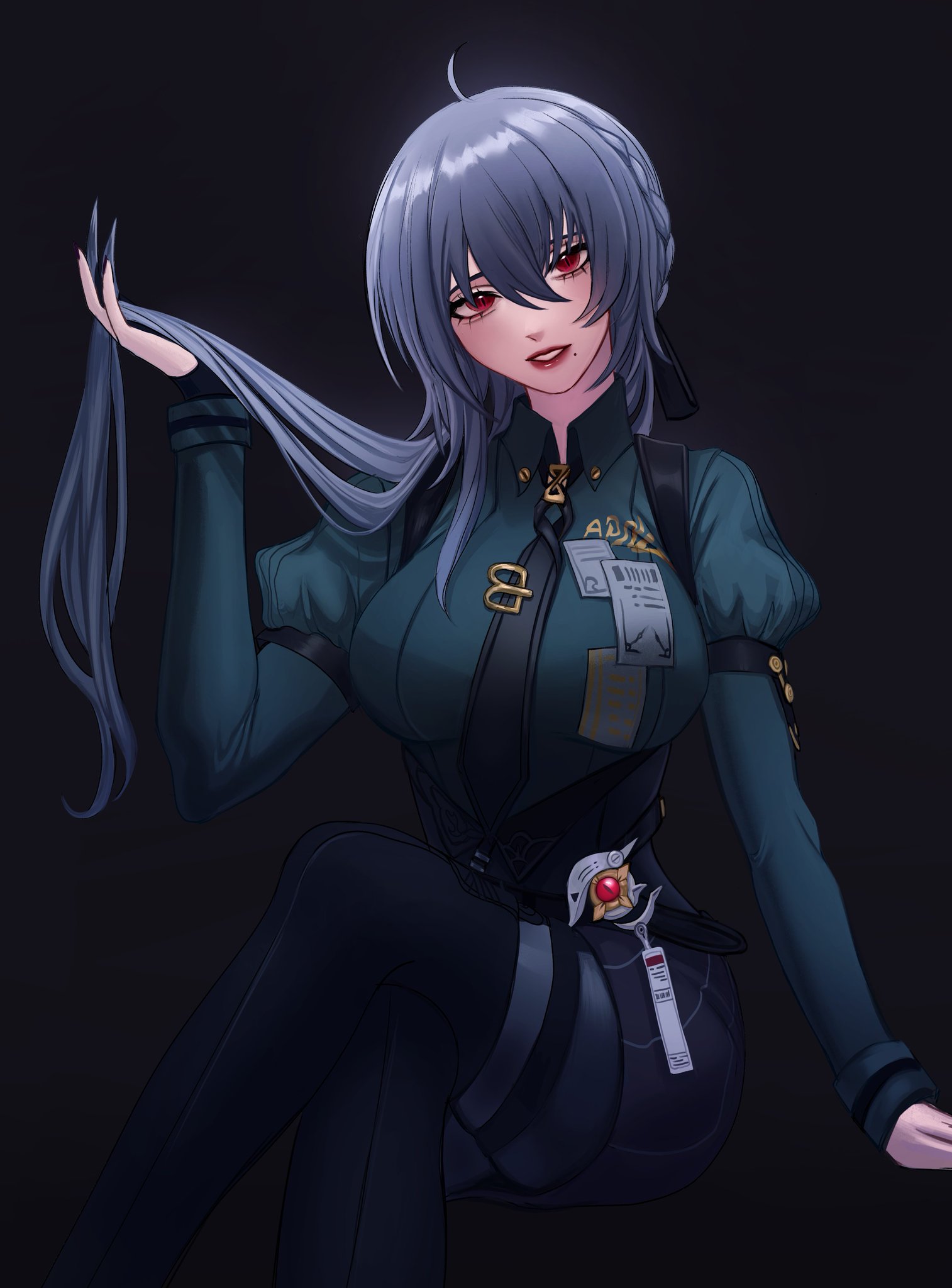 an anime girl with long blue hair and red eyes is sitting with her legs crossed and a sly smile on her face. she is wearing a green jacket with black accents and black tights. she is looking at the camera, and the background is dark.  the image is drawn in a style that is common in anime and manga.