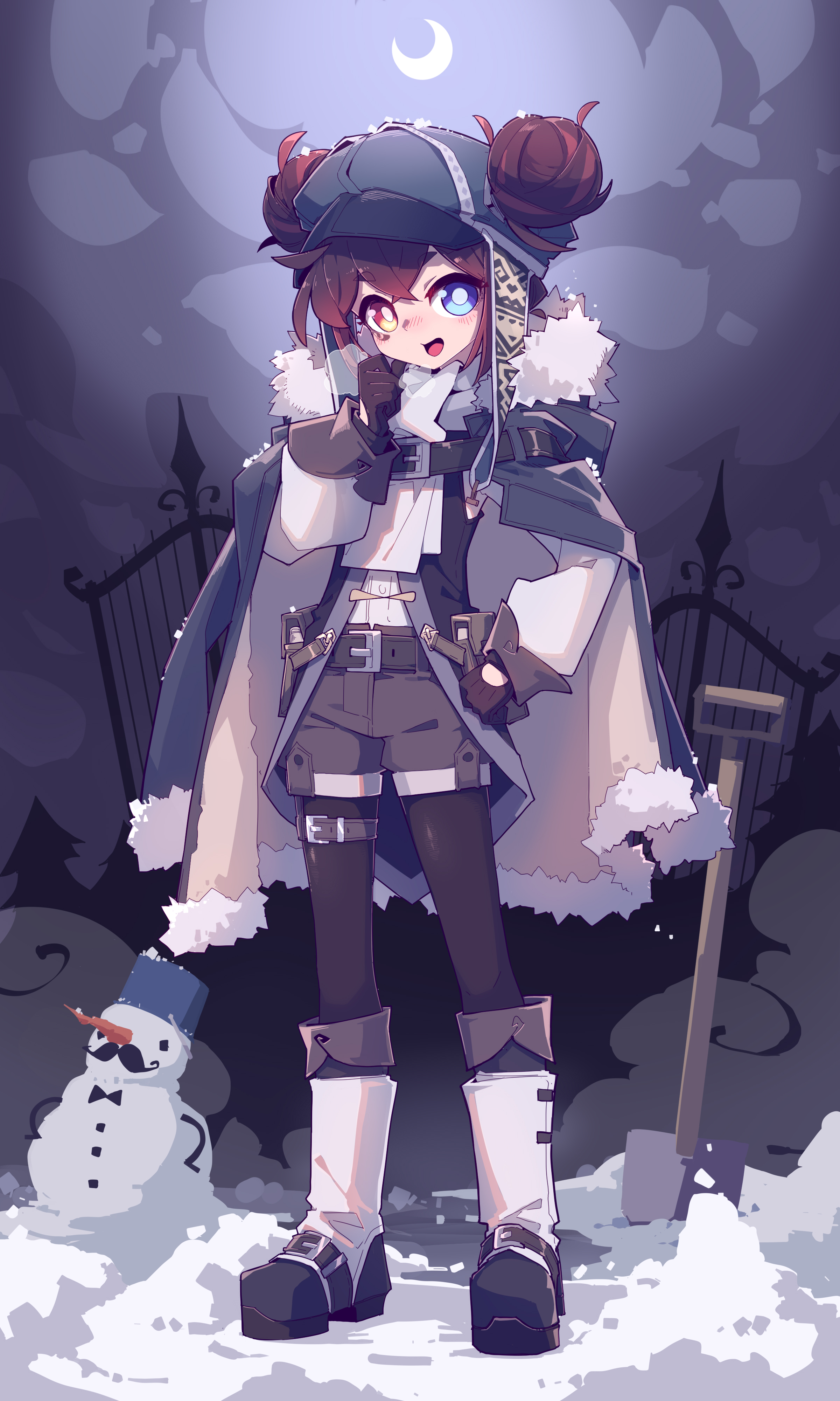 an anime girl stands in a snowy winter landscape, wearing a winter outfit with a hat, gloves, coat, and boots. she has heterochromia, with one eye blue and the other brown. beside her is a snowman with a mustache and a top hat, and a shovel is leaning against the snow. in the background, there is a graveyard fence and a moon in the sky.