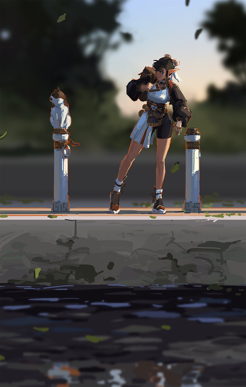 the digital painting depicts a young female elflike character, with short dark hair and pointed ears, standing casually on a waterfront.  she's wearing loose, comfortable clothing—a dark jacket and shorts—and is carrying a cat close to her body. another cat is perched on a white post beside her. the scene is set by a calm river or canal, with low light suggestive of either early morning or late afternoon. the background is softly blurred, emphasizing the focus on the girl and cats. the style is painterly, with visible brushstrokes giving a loose and expressive quality. the overall mood is serene and slightly whimsical.