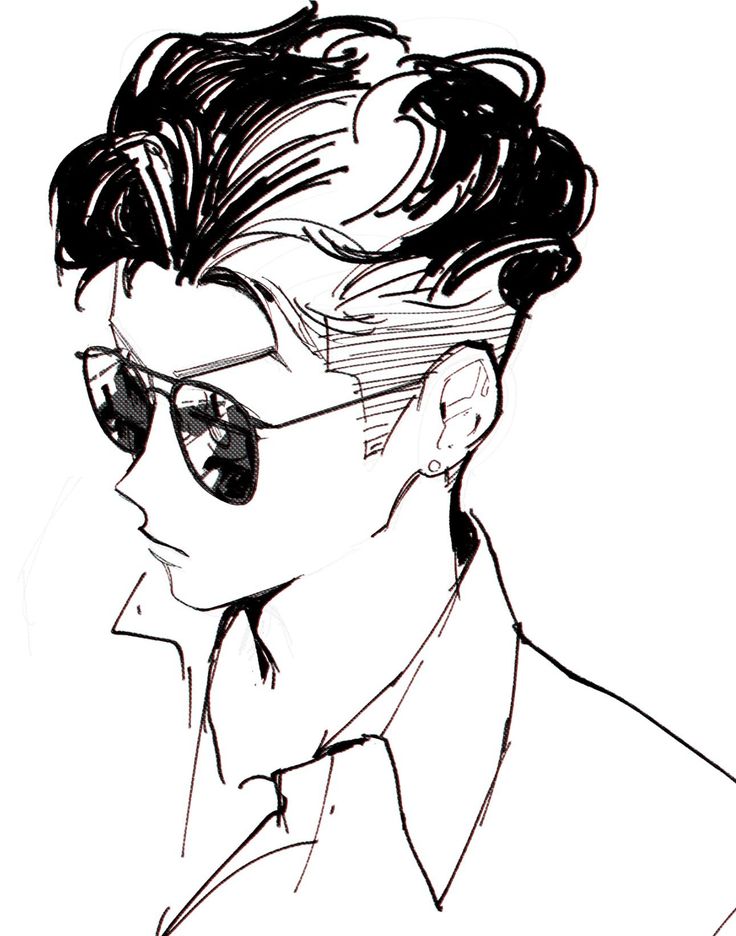 the image is a black and white line drawing of a man's profile. he has a stylish undercut hairstyle with a distinct side part.  he's wearing sunglasses and a collared shirt or jacket. the style of the artwork is reminiscent of graphic novel or manga illustrations, with bold lines and a focus on sharp, angular shapes. the overall effect is a cool and edgy portrayal of a fashionable young man.