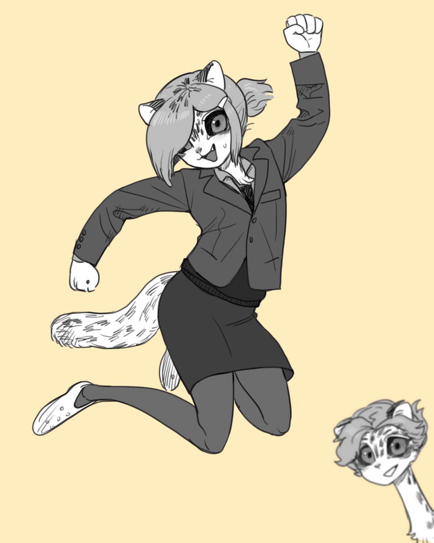 a cartoon girl with cat ears and a tail is jumping and smiling. she is wearing a black jacket, skirt, and tights. she is jumping with her right arm in the air and her left arm at her side. in the lower right corner of the image is another cat, also smiling, looking at the first cat. both cats are white and black. the background is a light yellow.