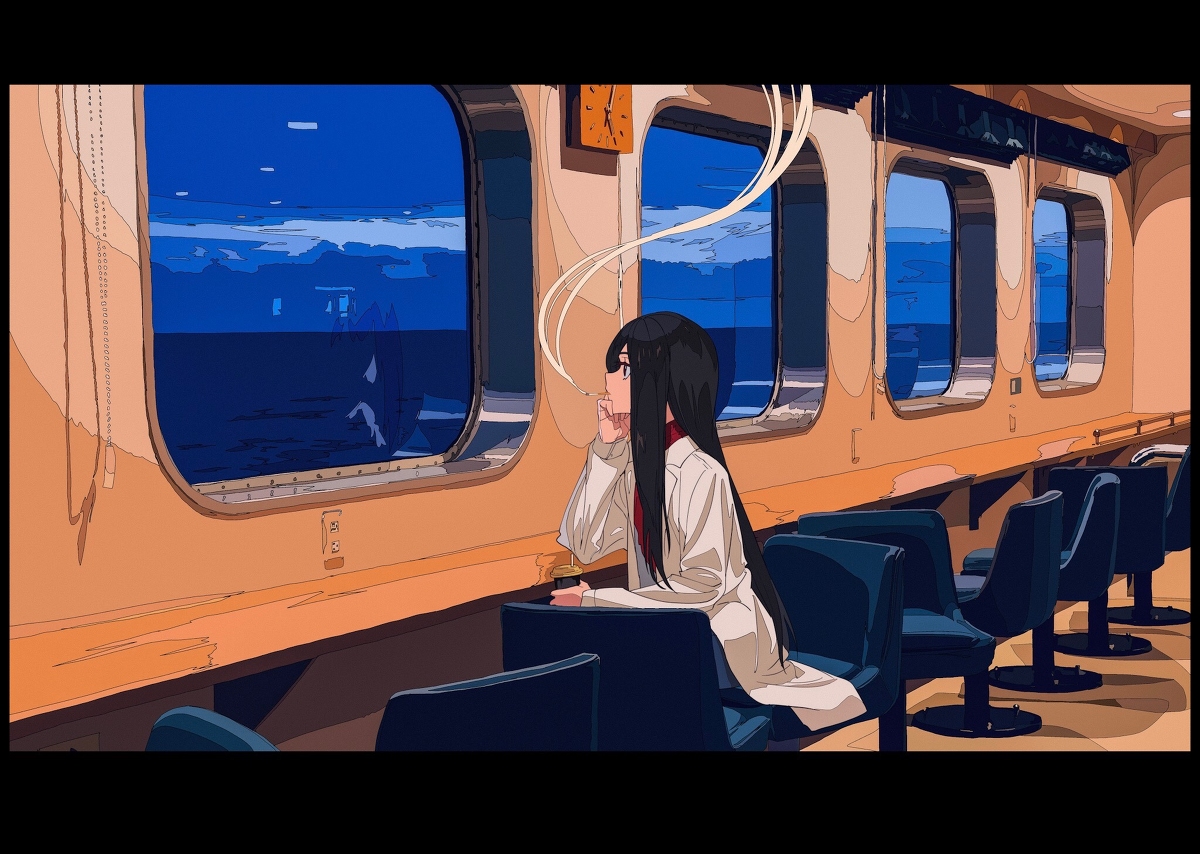 the image is a digital illustration in an anime style. it depicts a young woman with long black hair, wearing a white coat, sitting in a chair on a ferry or ship. she is smoking a cigarette and looking out a large window at a dark blue ocean and a distant cityscape at night. the ship's interior is rendered with warm orange tones contrasting with the cool blues of the nighttime sea and sky. the overall mood is calm and contemplative, with a touch of loneliness.  the art style is clean and sharp with a distinct color palette and stylized character design.