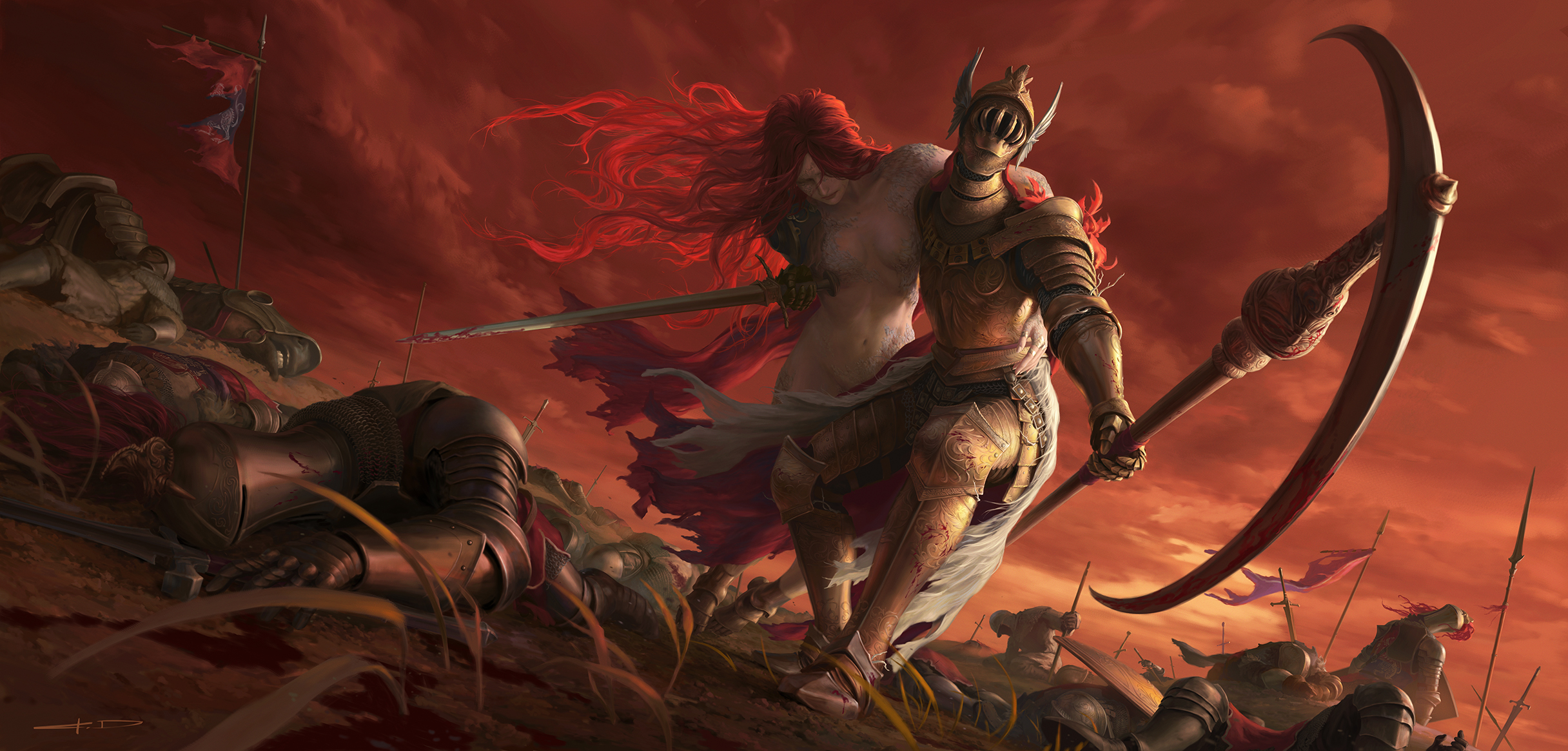 the image depicts a fierce battle scene set against a dramatic, bloodred sky. in the foreground, a female warrior with flowing red hair and a white dress stands beside a heavily armored knight. the knight wields a large, crescentshaped weapon, while the woman holds a bloodied sword. they are surrounded by fallen soldiers and the carnage of war, with the ground littered with bodies and weapons. the overall atmosphere is one of chaos, violence, and despair.