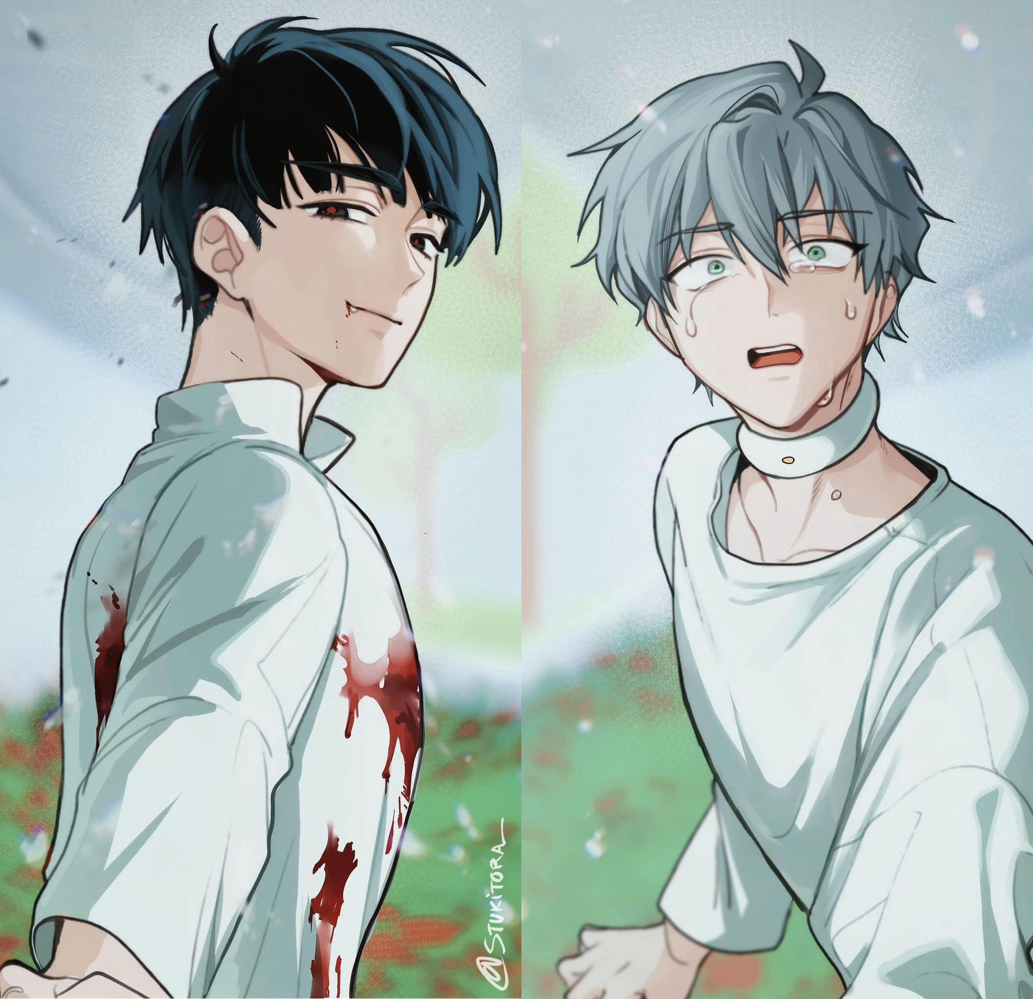 this is a digital drawing of two anime boys, one with black hair and the other with white hair. they are both wearing white shirts and standing in a field. the boy with black hair has a blood stain on his shirt, and appears to have been injured. the boy with white hair is crying, and looks scared and upset. the background is a blurry field of grass and flowers, with a large bright circle behind them.  the overall tone of the image is dark and suspenseful.