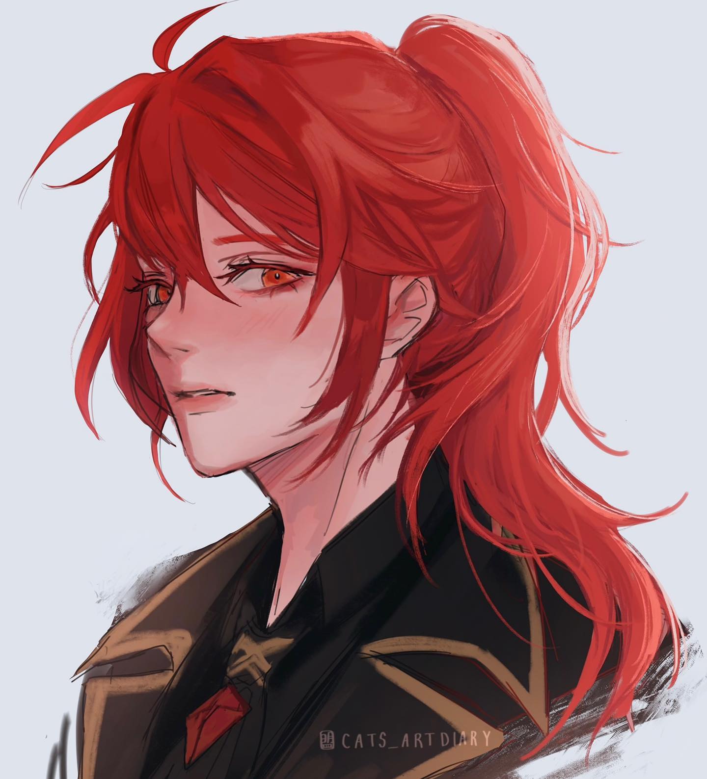 the image is a digital painting or illustration of an animestyle female character. she has vibrant, long, red hair styled in a high ponytail, striking orange eyes, and a slight blush on her cheeks.  she appears to be wearing a darkcolored jacket or coat with gold detailing. a red gemstone is visible near her collar. the art style is smooth with soft shading and highlights, giving a polished and somewhat elegant look. the character's expression is serious and introspective. the overall aesthetic evokes a feeling of sophistication and mystery.  the artist's watermark, "cats_art_diary," is present in the lower right corner.