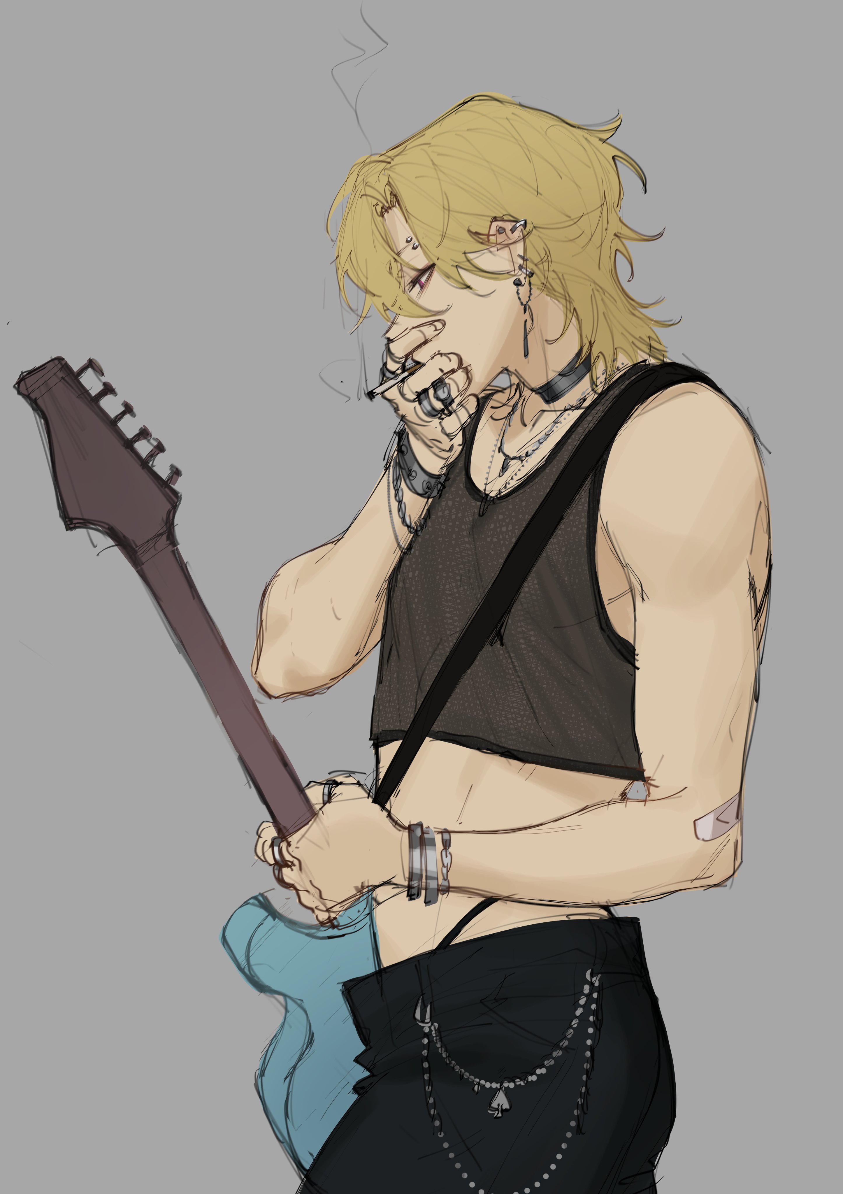 the image is a sketch of a rocker character smoking a cigarette and holding a guitar. he has blonde hair and is wearing a black tank top and lowrise pants. he is adorned with various jewelry, including a choker, earrings, rings, and bracelets. he also has a bandaid on his arm.
