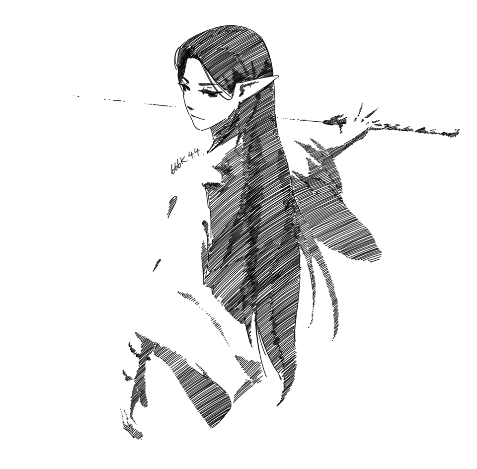 the image is a monochrome drawing, possibly digital, of a female elf character. she has long, straight black hair, pointed ears, and is depicted in an elegant pose, seemingly holding a sword or long weapon across her back. the style is reminiscent of anime or manga, with a focus on expressive linework and shading. the overall mood is pensive and mysterious. the artwork is detailed, showcasing the artist's skill in capturing subtle expressions and movement. the background is plain white, which emphasizes the character and her attire. the artist's signature is subtly included near the character's shoulder.