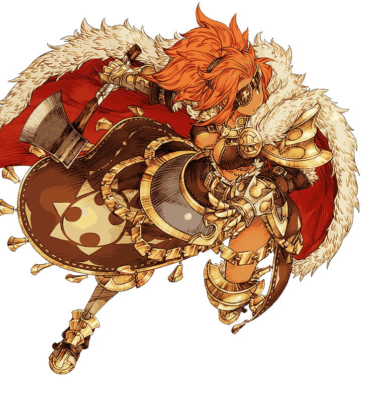 a fierce female warrior leaps through the air, wielding a large axe. she is clad in elaborate gold and brown armor, a furtrimmed red cape billowing behind her. the artwork emphasizes action and power, with a dramatic spotlight effect.