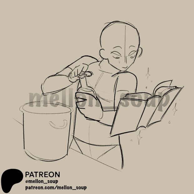 this is a black and white line drawing of a person cooking. the person has an open book in one hand, and is using their other hand to open a bottle. they are looking at the book, as if following a recipe. there is a pot in the background, and the person's face is partially visible. the drawing is simple, but conveys a lot of details about the person and the action taking place. it is a classic illustration style, and the person's focused expression suggests that they are deeply involved in the cooking process. the sparkles around the book and bottle suggest a touch of magic, making the image interesting and whimsical.
