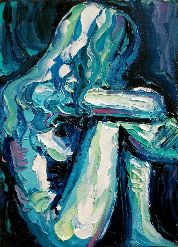 an abstract oil painting of a female figure, depicted in a dark blue and green color scheme. the figure is shown in a seated position, with their body turned away from the viewer. the painting is characterized by thick, impasto brushstrokes and a sense of movement and fluidity.  the dark background creates a sense of mystery and intrigue.